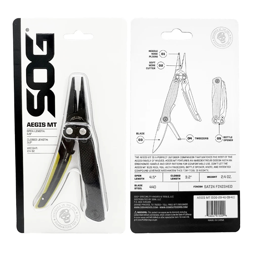 SOG 5 In 1 Aegis MT Mini Tactical Multi-tool Pliers Portable Ultralight EDC Pocket Gear With Precision Cutting Pliers Folding Knife Wire Cutter Tweezers Bottle Opener For Electrician Repair Camping Fishing DIY Small Outdoor S