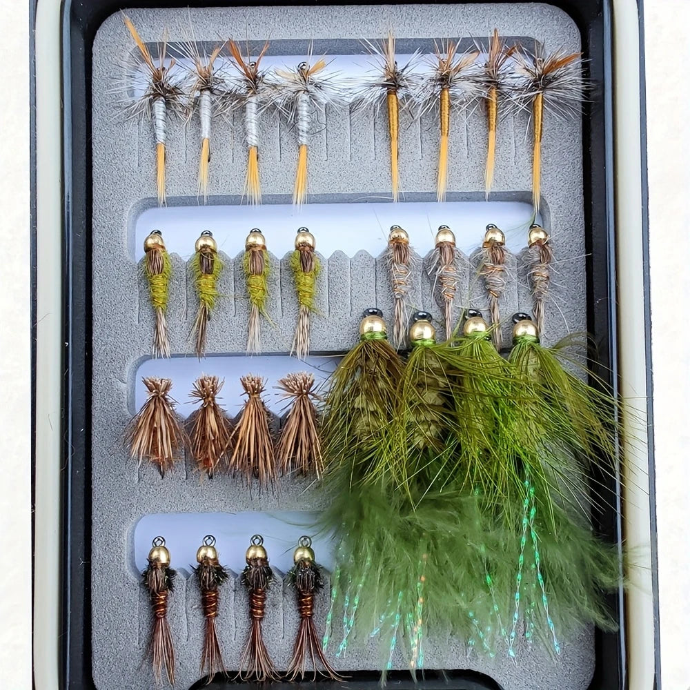 28pcs Flies Kit W/ Waterproof Box Adams Dry Fly Hare's Ear Nymph Elk Hair Caddis' Fly Woolly Bugger Streamer Trout Fishing Lures