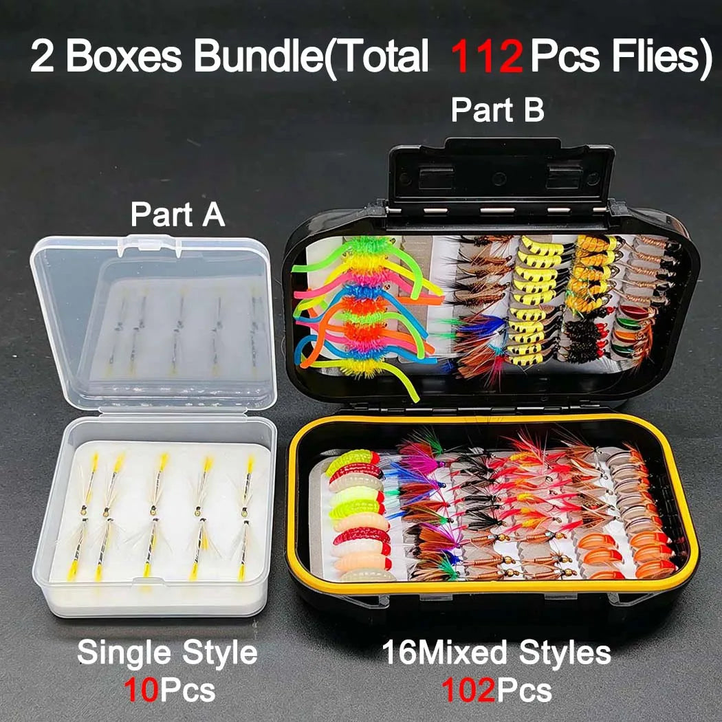 2 Boxes Bundle(Total 112Pcs Flies)Fly Fishing Flies Set with Fly Box, 2 Boxes Dry Wet Nymph #4#6#8#10 Hooks for Trout Salmon Bass
