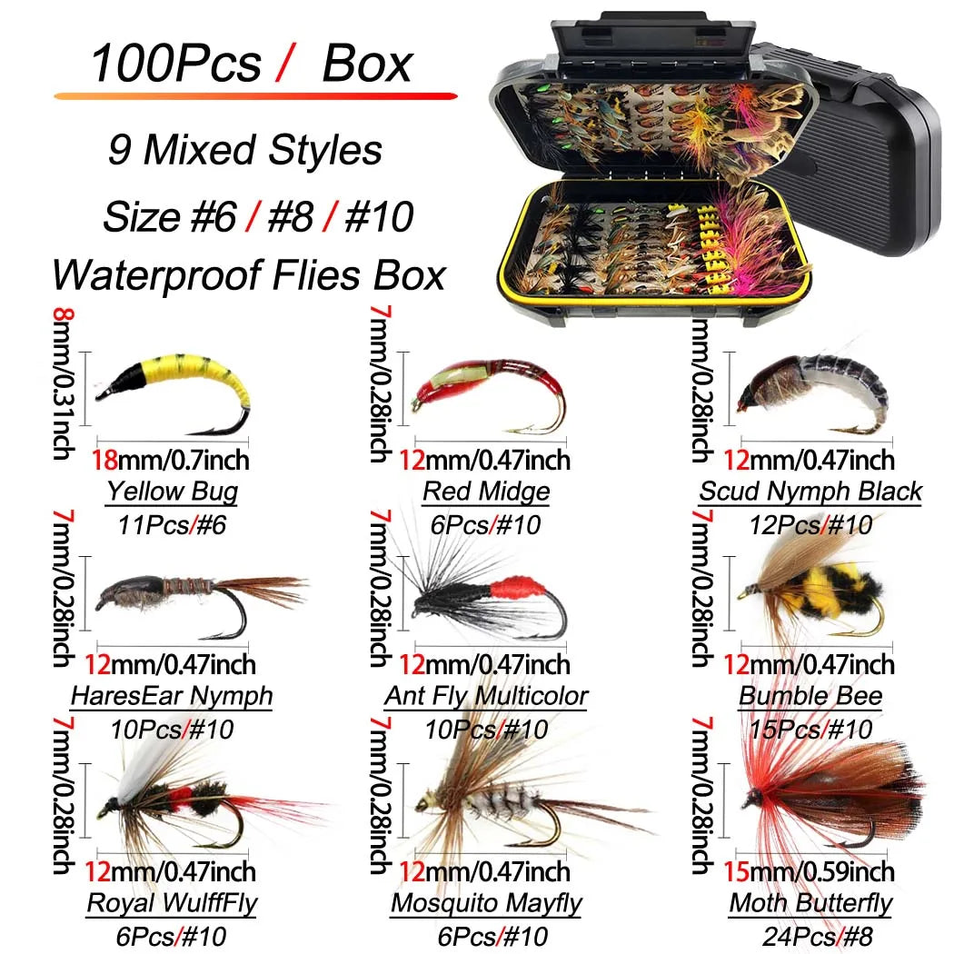 24-100Pcs Dry/Wet Flies Handmade Fly Fishing Artificial Fly Baits Lures Fly Assortment Trout Bass Fishing, with Flies Box