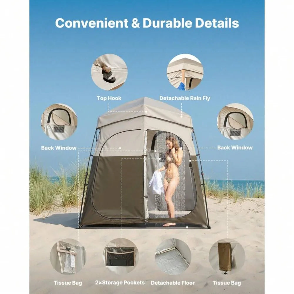 2-Person Camping Shower Tent Portable Privacy Dressing Room with Carry Bag 150D Oxford Fabric Silver Coating Changing Toilet Shelter Foldable Pop Up with Ground Stakes Ropes Outdoor Hiking Beach Fishing