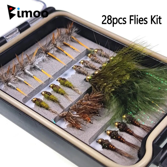 28pcs Flies Kit W/ Waterproof Box Adams Dry Fly Hare's Ear Nymph Elk Hair Caddis' Fly Woolly Bugger Streamer Trout Fishing Lures