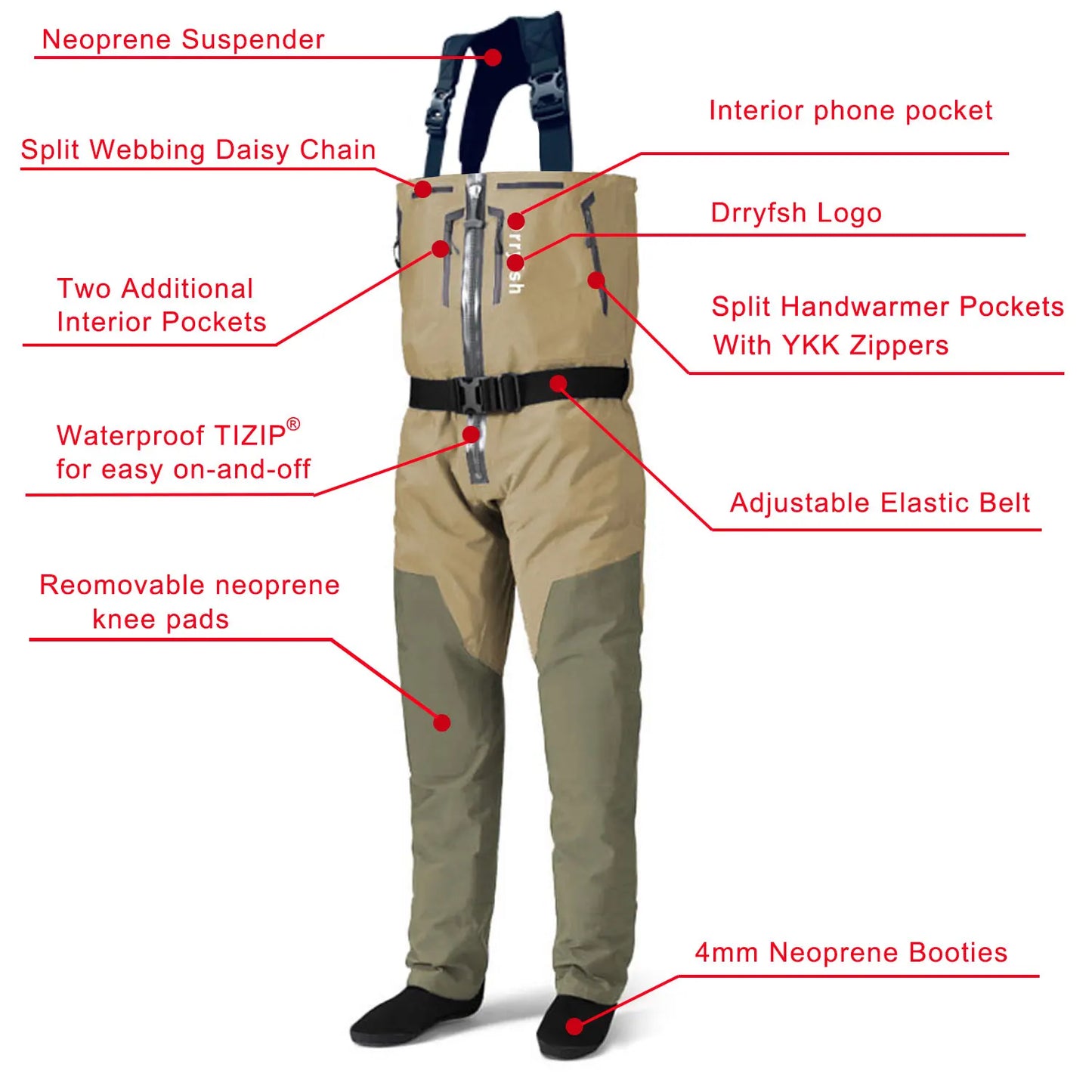 Dryfish Men Front Zipper Chest Waders Waterproof Breathable Stockingfoot Fishing Wader with Multi Pockets Adjustable Waist Belt for Fly Fishing Hunting Outdoor Stream Wading