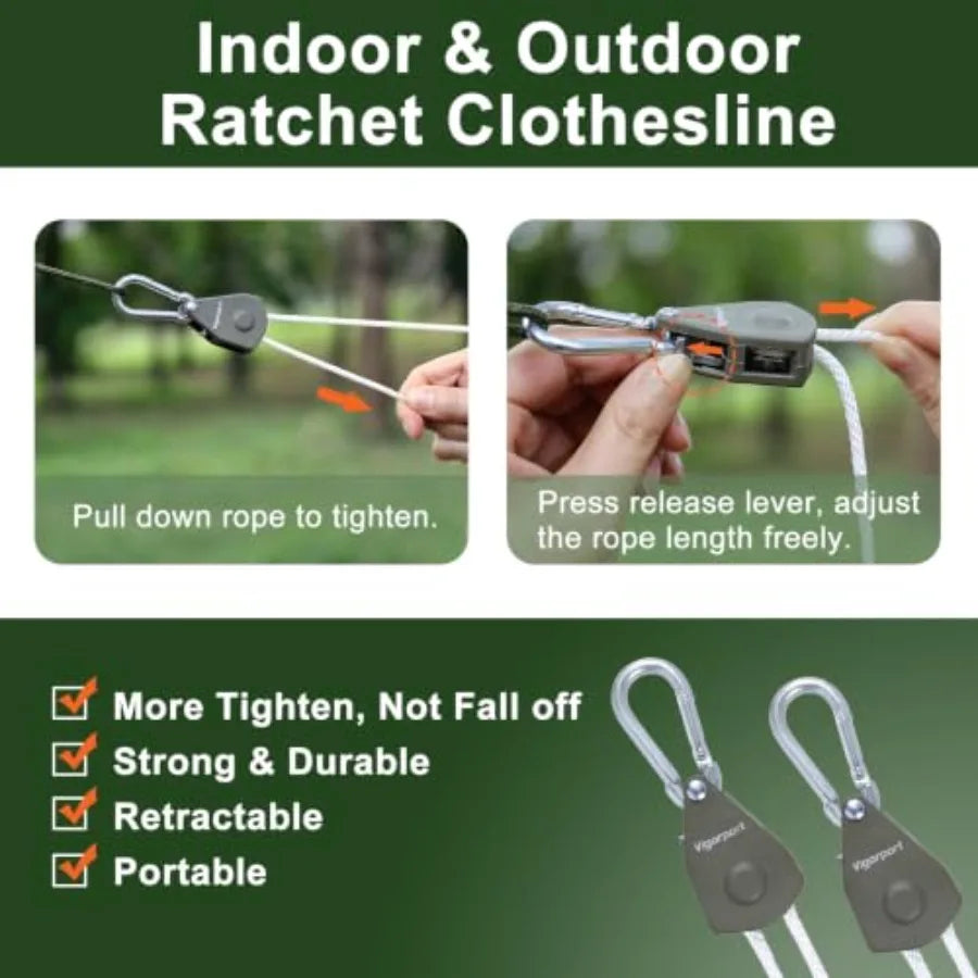 Retractable Travel Clothesline, Portable Clothes Line Heavy Duty Rope Pully System with Carabiner for Outdoor Camping, Cruise S