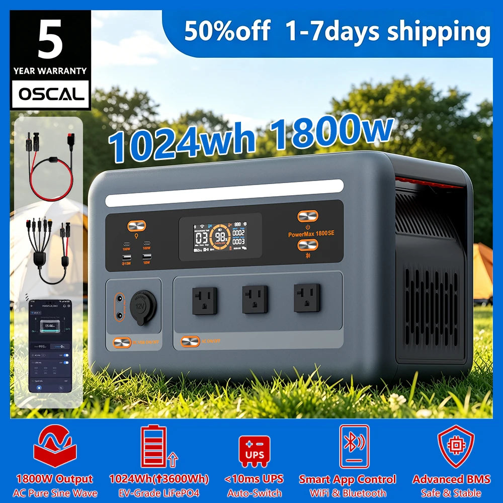 OSCAL PowerMax 1800se 1800W Portable Power Station 1024Wh LiFePO4 Continuous 3600W Surge 1H Fast Charge UPS Solar Generator APP Control for Home Hurricane Camping RV