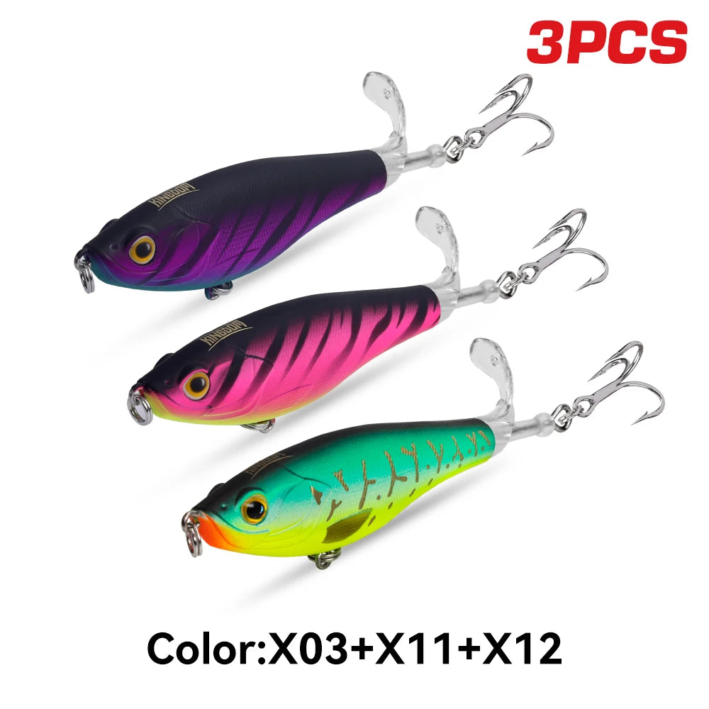 Kingdom 3PCS Topwater Lure Set 90mm/11g & 110mm/17g Artificial Popper Whopper Plopper Hard Wobblers for Bass Trout Pike Zander Fishing