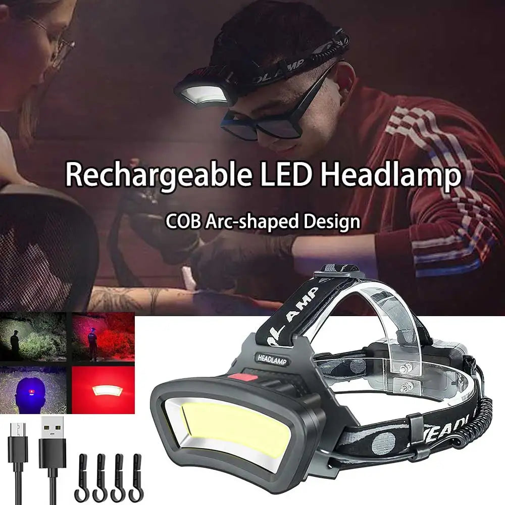 LED Strong Light High Brightness Headlight Fishing Repair Running Cob Headlight USB Charging Pan Headlamp Four Adjustable Levels