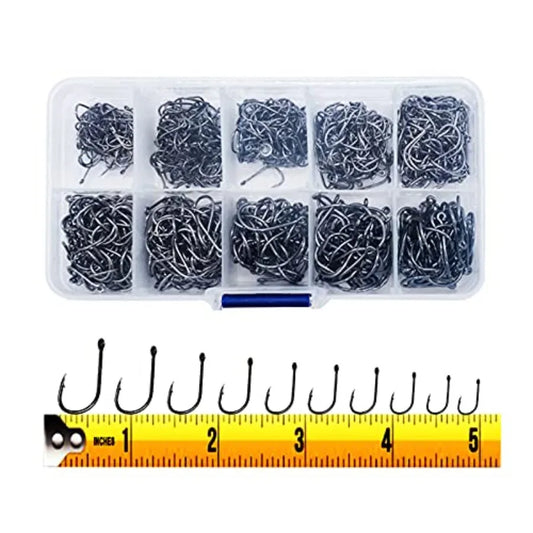 Fishing application, high-carbon steel, silver, 300PCS barbed hooks with holes in 10 sizes, portable boxed, adaptable to variou