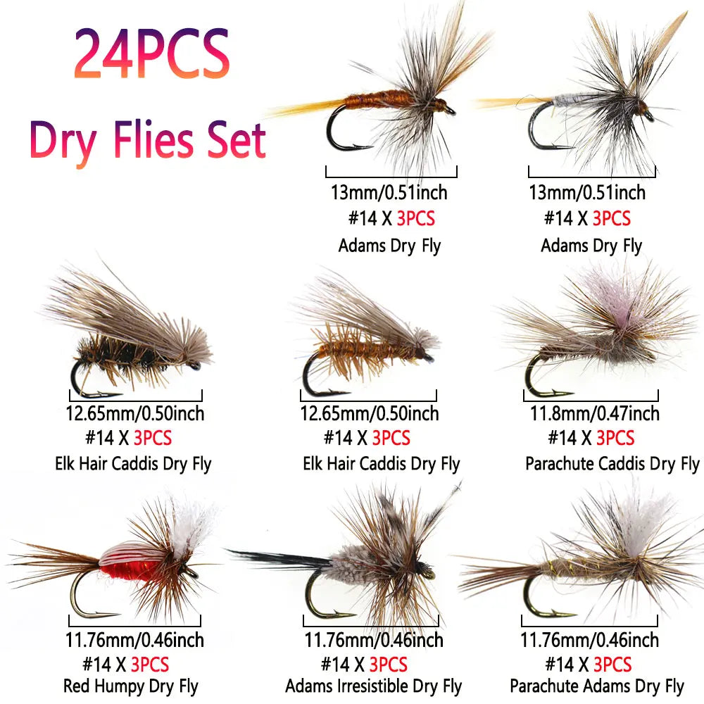 24pcs Dry Flies Set #14 Parachute Adams Dry Fly Elk Hair Caddis Dry Fly Red Humpy Dry Flies Kit Trout Grayling Fishing Lures