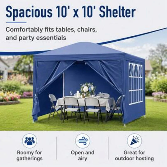 10x10 Pop up Gazebo Outdoor Canopy Tent with Mesh Sidewalls, Waterproof Patio Gazebo for Backyard Garden Lawn, Portable Sun Shade Shelter for Wedding Party BBQ Camping Catering Events, Blue, Steel Frame