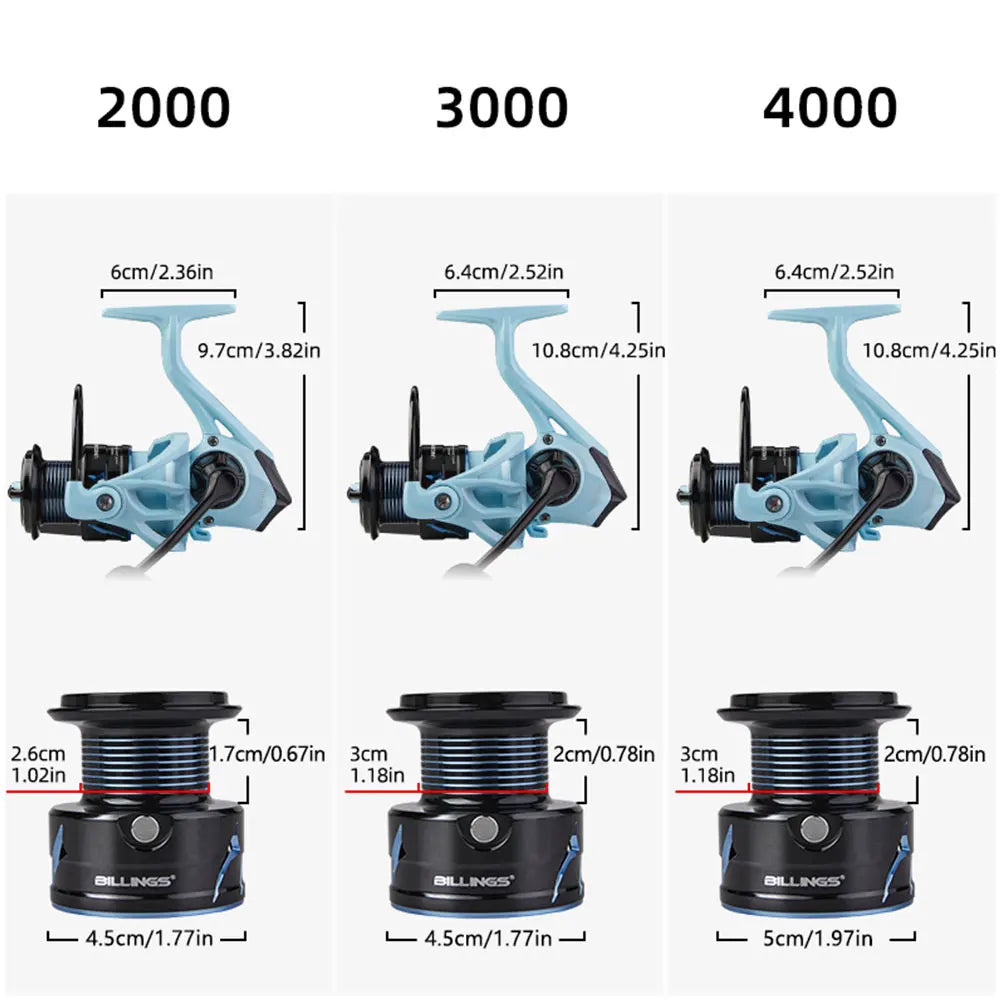 BILLINGS Spinning Reel 8KG Max Drag Professional Fishing Reels 5.2:1 Gear Ratio CNC Rocker Metal Spool 2000/3000/4000 Ideal for Freshwater Saltwater Bass Trout Fishing