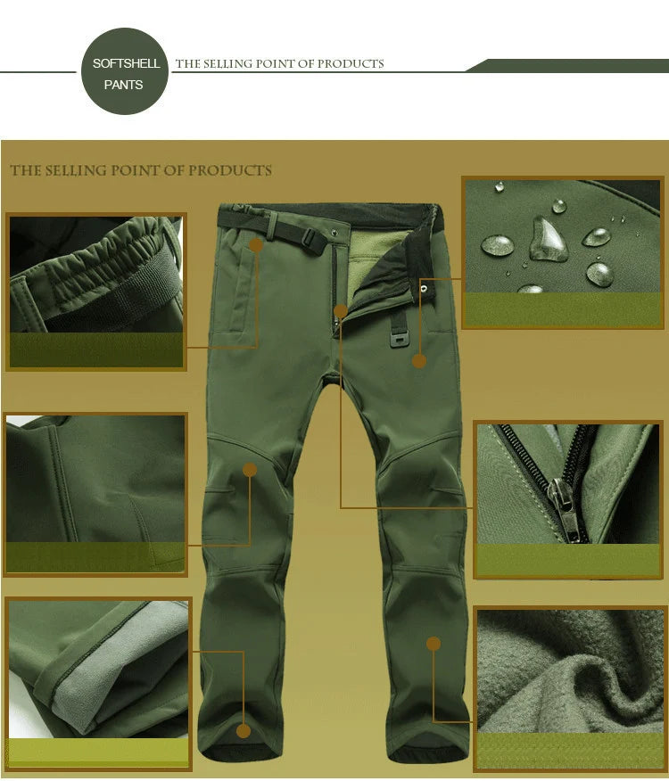 TRVLWEGO Winter Men Camping Hunting Fishing Hiking Pants Tactic Travel Soft Shell Warm Waterproof Fleece Windproof Outdoor Trekking Trousers