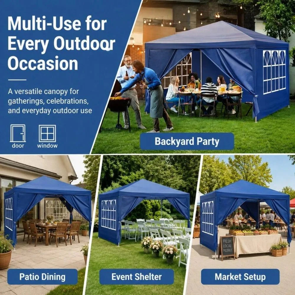 10x10 Pop up Gazebo Outdoor Canopy Tent with Mesh Sidewalls, Waterproof Patio Gazebo for Backyard Garden Lawn, Portable Sun Shade Shelter for Wedding Party BBQ Camping Catering Events, Blue, Steel Frame