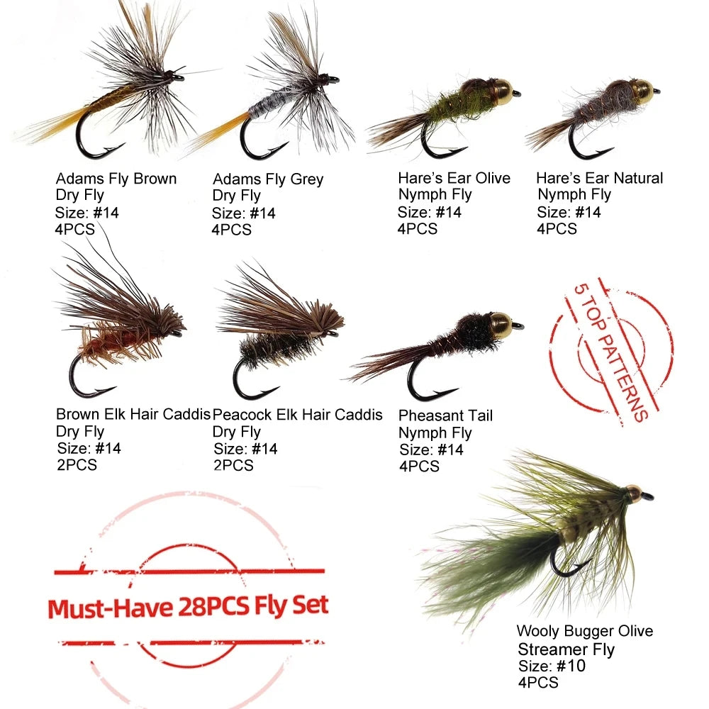 28pcs Flies Kit W/ Waterproof Box Adams Dry Fly Hare's Ear Nymph Elk Hair Caddis' Fly Woolly Bugger Streamer Trout Fishing Lures