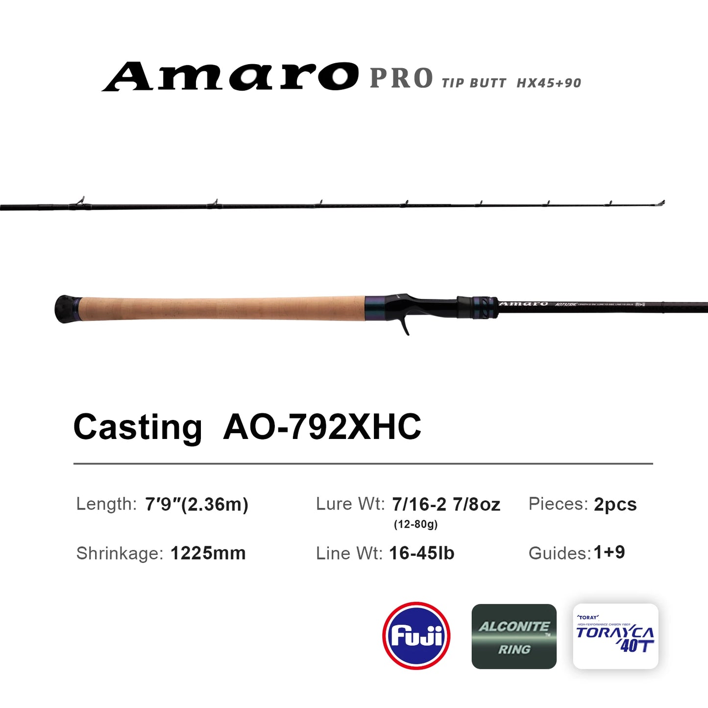 PURELURE Amaro PRO Heavy Duty Travel Fishing Rod 2 Piece Spinning & Casting Big Game Rod 40T T1100G Carbon Fiber Blank FUJI Alconite Guides One-piece Extended Cork Handle