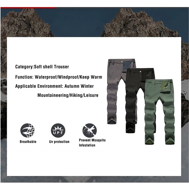 TRVLWEGO Winter Men Camping Hunting Fishing Hiking Pants Tactic Travel Soft Shell Warm Waterproof Fleece Windproof Outdoor Trekking Trousers
