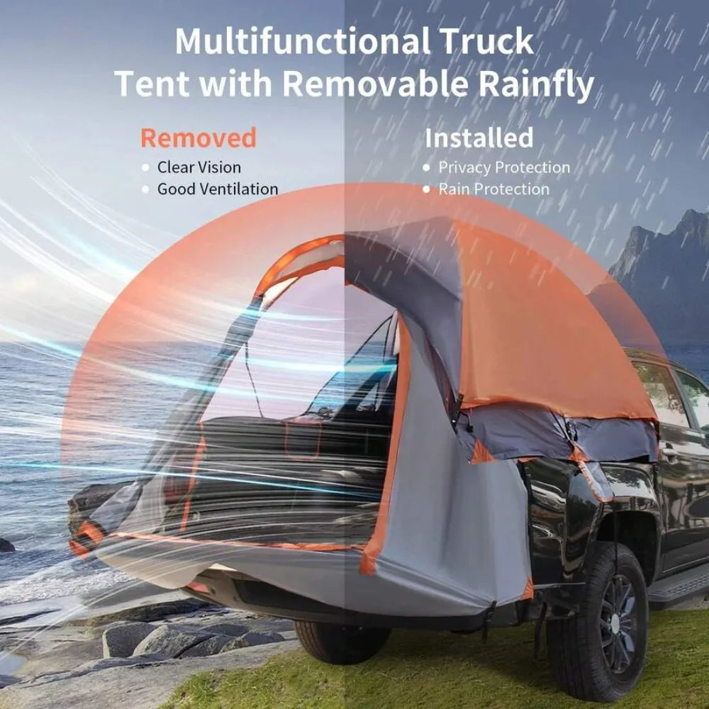 Pickup Truck Bed Tent, Waterproof 2000mm PU Coated Polyester Camping Shelter, Sleeps 2, Fits Full Size and Mid Size Truck Beds, Removable Rainfly, Fiberglass Poles, Mesh Windows, Storage Pockets, Carry Bag, Easy Setup All Sea