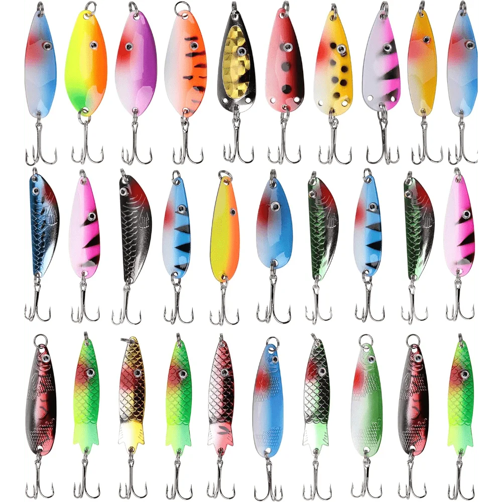 30pcs/Kit Colorful Metal Spoons Fishing Lures Baits Tackle Kit with Treble Hooks Fishing for Trout Salmon Bass Walleye Saltwater Freshwater