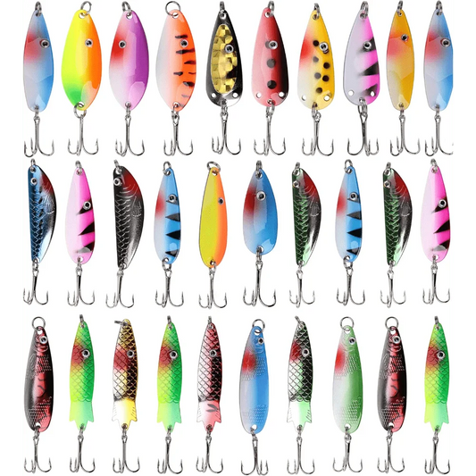 30pcs/Kit Colorful Metal Spoons Fishing Lures Baits Tackle Kit with Treble Hooks Fishing for Trout Salmon Bass Walleye Saltwater Freshwater