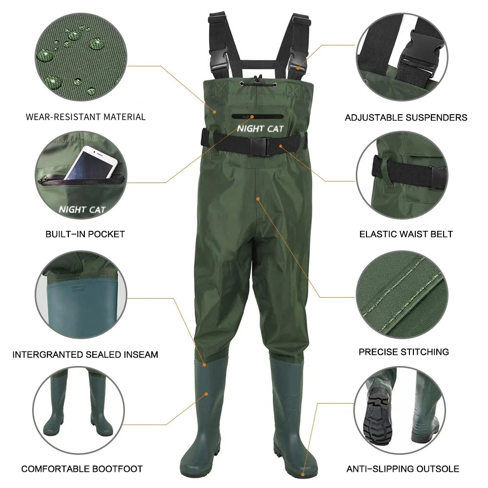 Night Cat Fishing Wader for Men Women Farm Working Waterproof Hunting Fishing Chest Wader with Boots Belt Breathable Lightweight