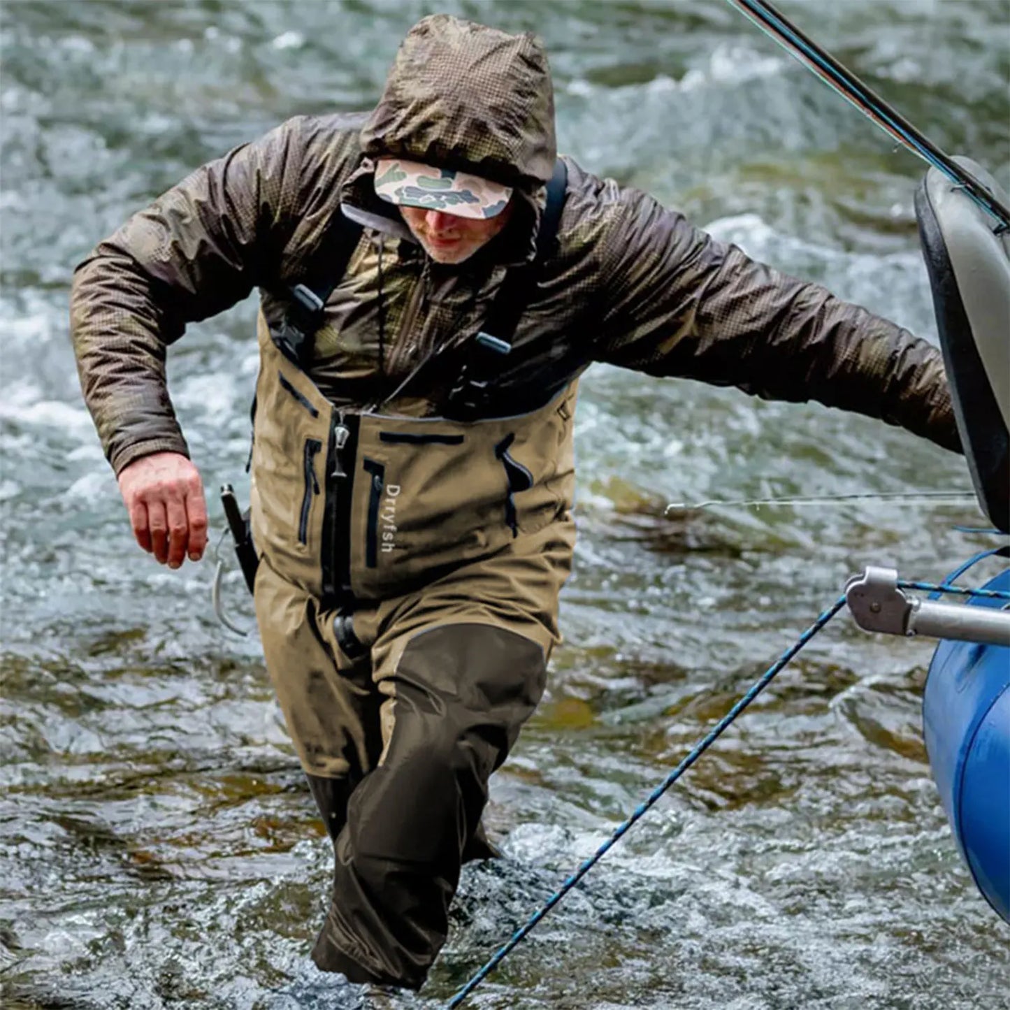 Dryfish Men Front Zipper Chest Waders Waterproof Breathable Stockingfoot Fishing Wader with Multi Pockets Adjustable Waist Belt for Fly Fishing Hunting Outdoor Stream Wading