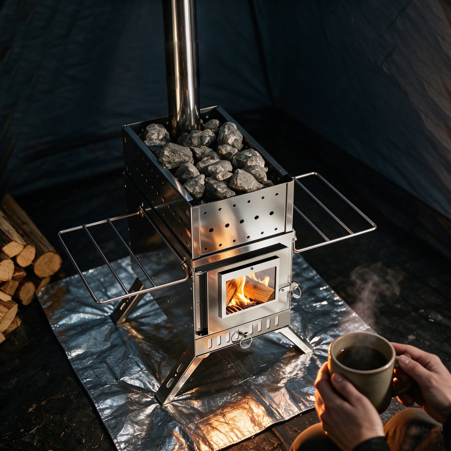 UNHO Tent Stove, Portable Wooden Stove, Large Stainless Steel Tent Fireplace, Equipped with 6 Chimney Pipes, Suitable for Outdoor Heating, Cooking, Hunting, Barbecue and Ice Fishing.