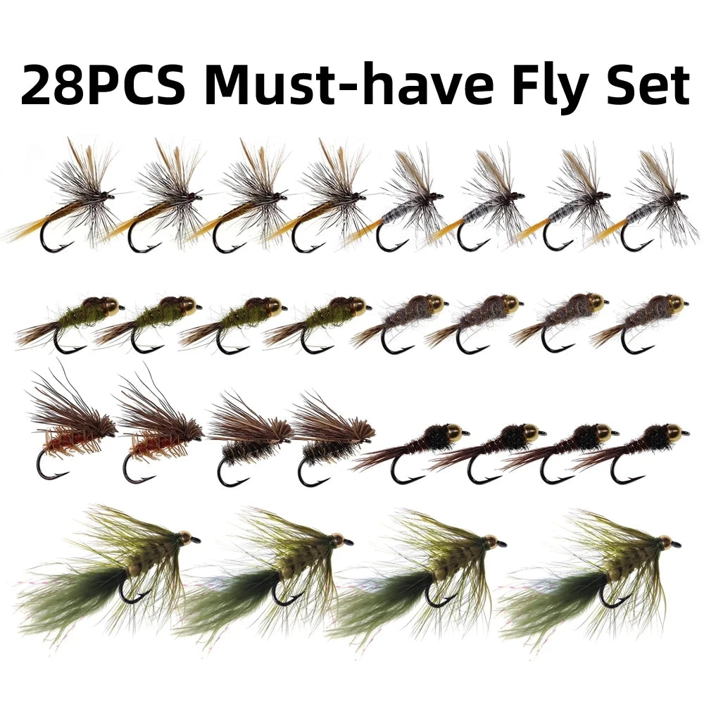 28pcs Flies Kit W/ Waterproof Box Adams Dry Fly Hare's Ear Nymph Elk Hair Caddis' Fly Woolly Bugger Streamer Trout Fishing Lures
