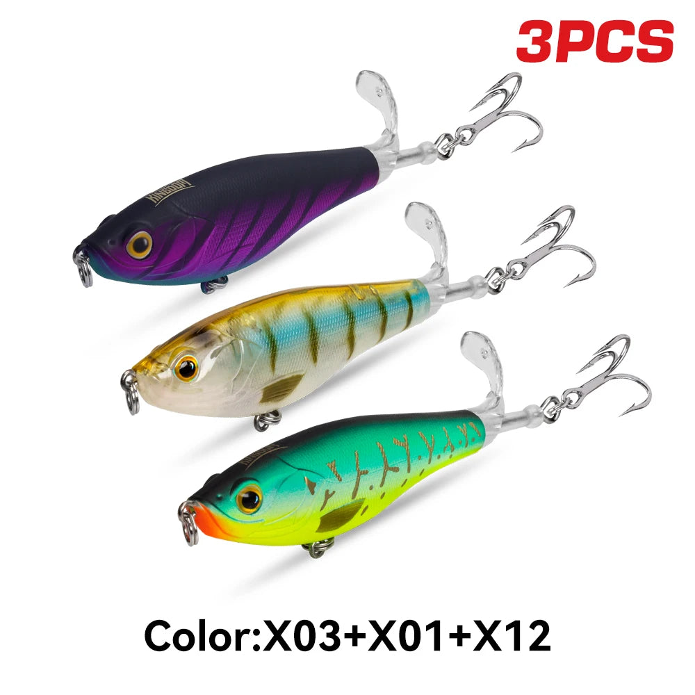 Kingdom 3PCS Topwater Lure Set 90mm/11g & 110mm/17g Artificial Popper Whopper Plopper Hard Wobblers for Bass Trout Pike Zander Fishing