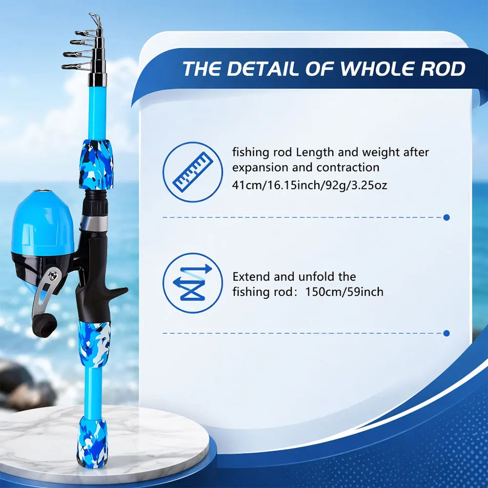 Complete set of children's fishing rod set, including telescopic fishing rod and rotating reel fishing bait hook travel rod set