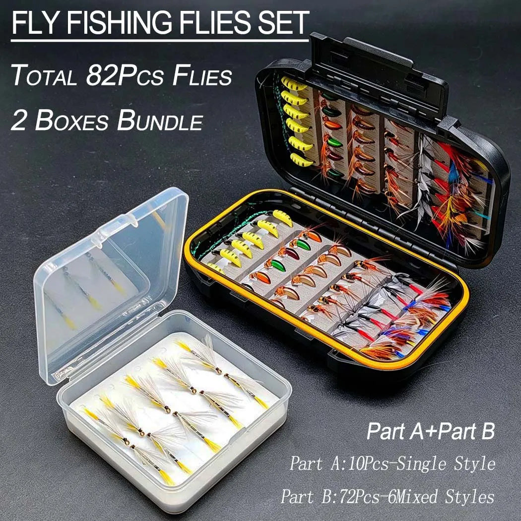Fly Fishing Flies Kit-2 Boxes Bundle(Total 82Pcs Flies)Fly Assortment Trout Bass Fishing with Fly Box with Dry/Wet Flies, Nymphs