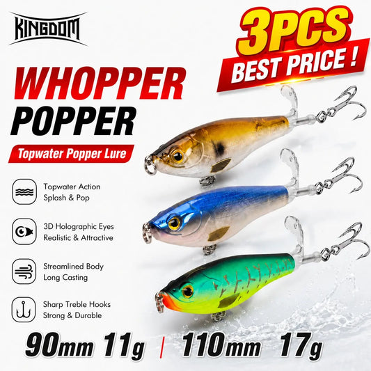 Kingdom 3PCS Topwater Lure Set 90mm/11g & 110mm/17g Artificial Popper Whopper Plopper Hard Wobblers for Bass Trout Pike Zander Fishing