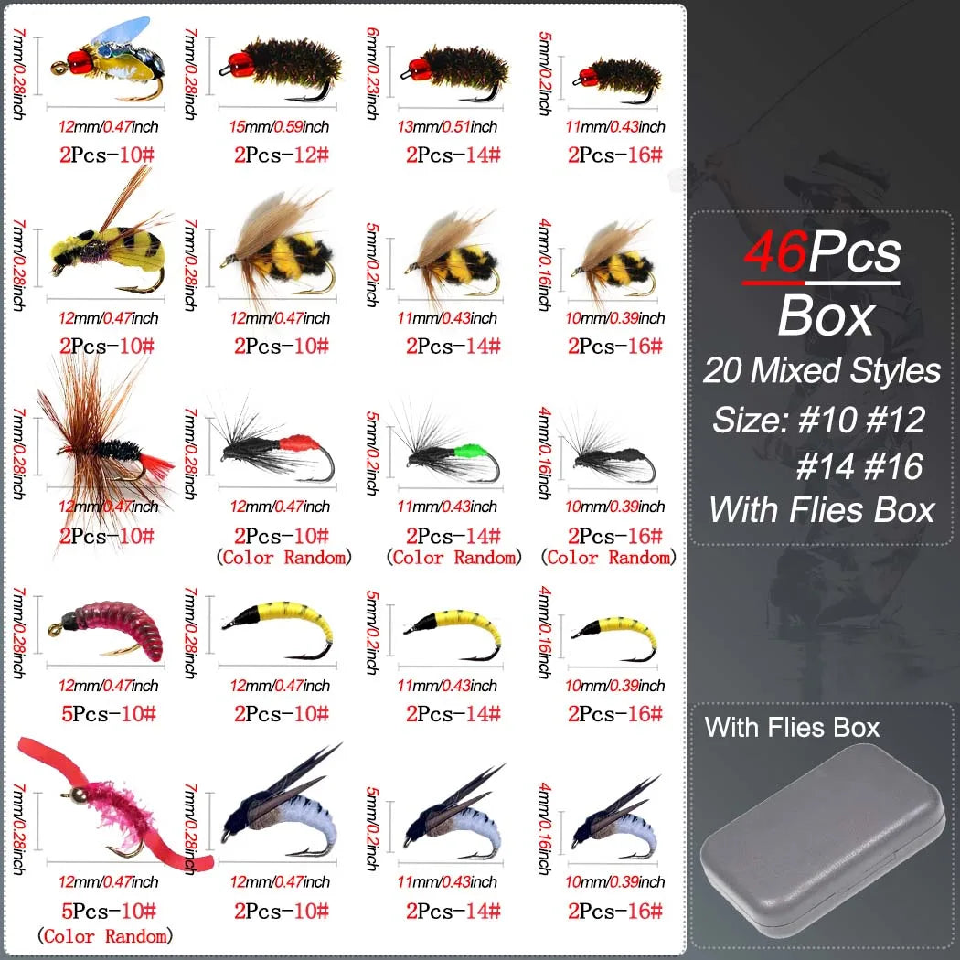 24-100Pcs Dry/Wet Flies Handmade Fly Fishing Artificial Fly Baits Lures Fly Assortment Trout Bass Fishing, with Flies Box