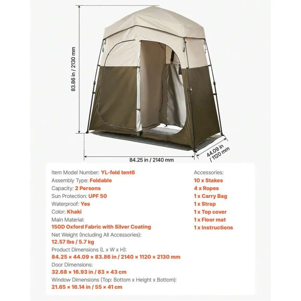 2-Person Camping Shower Tent Portable Privacy Dressing Room with Carry Bag 150D Oxford Fabric Silver Coating Changing Toilet Shelter Foldable Pop Up with Ground Stakes Ropes Outdoor Hiking Beach Fishing