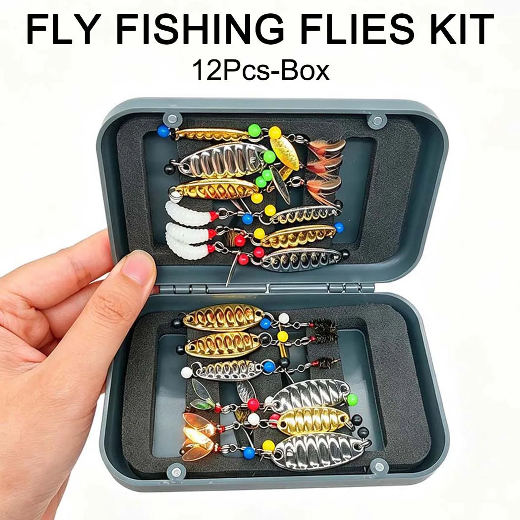 12Pieces Fly Fishing Files Sequin Kit #6-#10-#16 Handmade Dry Wet Nymphs Streamers Fly Fishing Lures for Trout Salmon with Fly Box