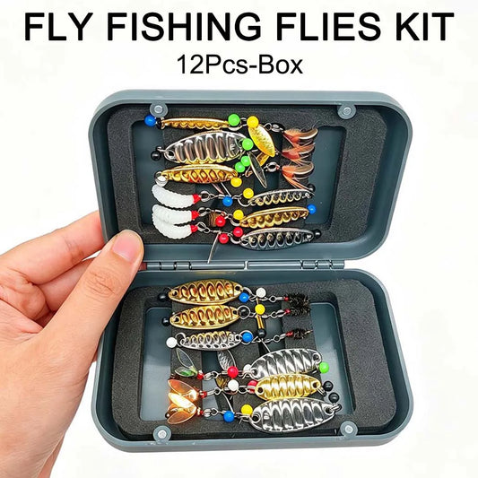 12Pieces Fly Fishing Files Sequin Kit #6-#10-#16 Handmade Dry Wet Nymphs Streamers Fly Fishing Lures for Trout Salmon with Fly Box