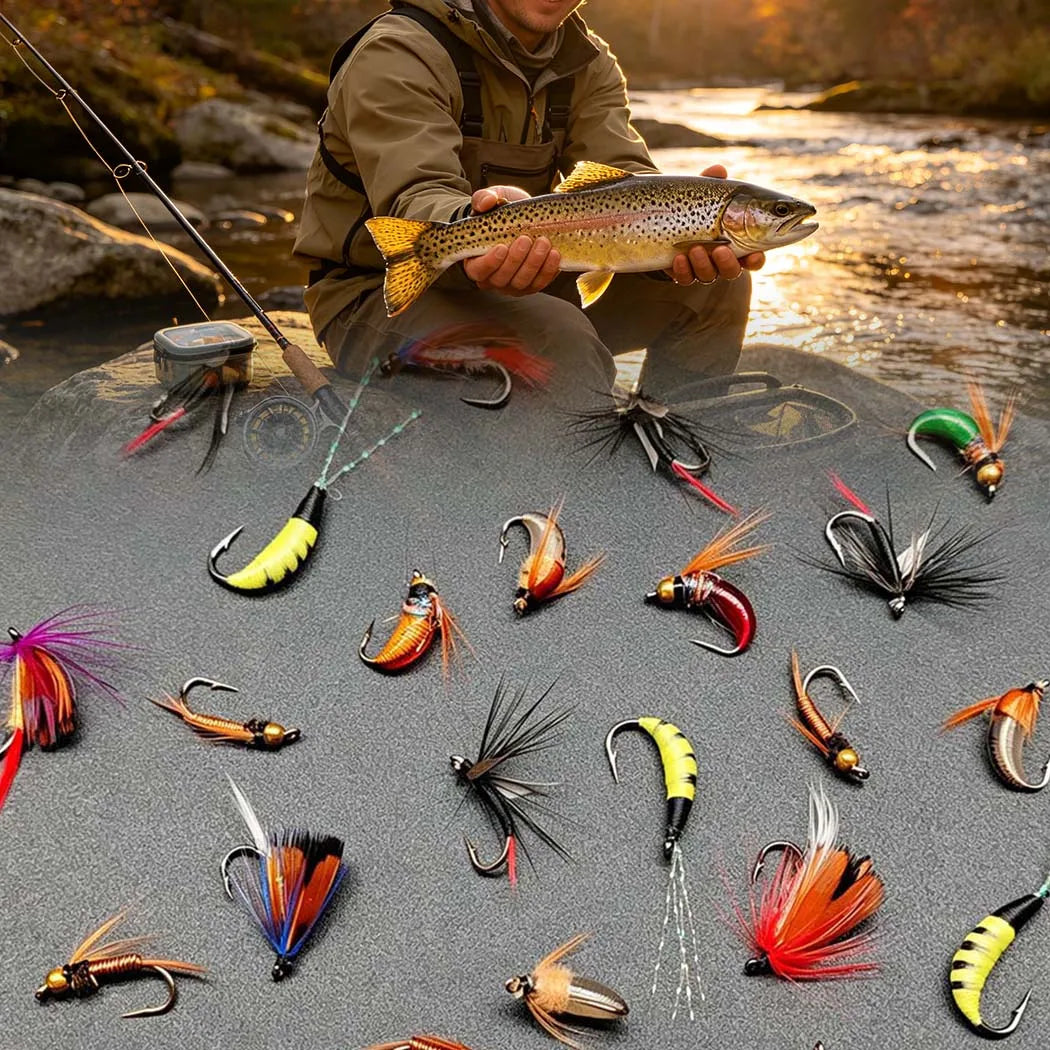 Fly Fishing Flies Kit-2 Boxes Bundle(Total 82Pcs Flies)Fly Assortment Trout Bass Fishing with Fly Box with Dry/Wet Flies, Nymphs