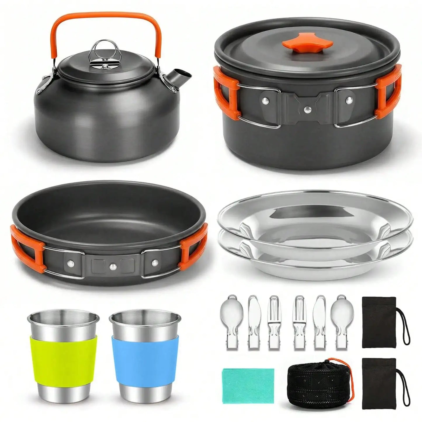 14PCS Camping Cookware Set, Non-Stick Outdoor Cooking Kit With Frying Pan, Pot With Lid, Kettle, 2 Stainless Steel Plates, 2 Folding Cups, 2 Knives Fork Spoons, Perfect For Camping, Hiking, Backpacking & Picnic