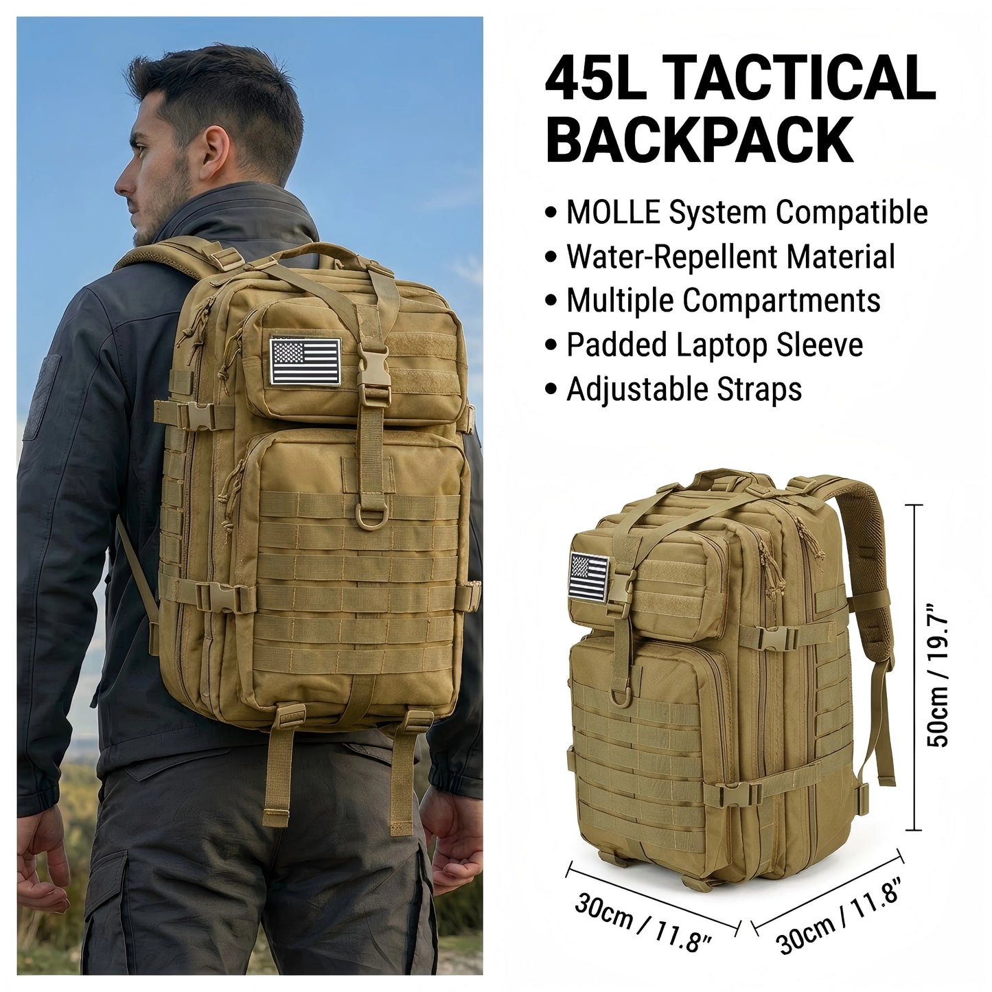 45L Tactical Hunting Backpack Molle Camo Water Resistant Outdoor Field Bag Camping Hiking Trekking Bushcraft Survival Bug Out Bag Large Capacity Rucksack Daypack Men Women Hunters Durable Wear Resistant Heavy Duty Multi Pocke