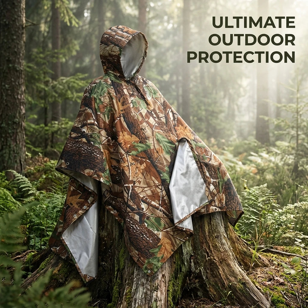 1PC Camo Waterproof Rain Poncho Hooded Raincoat for Camping Hiking Fishing Hunting Trekking Outdoor Emergency Cloak Cover Men Women Unisex