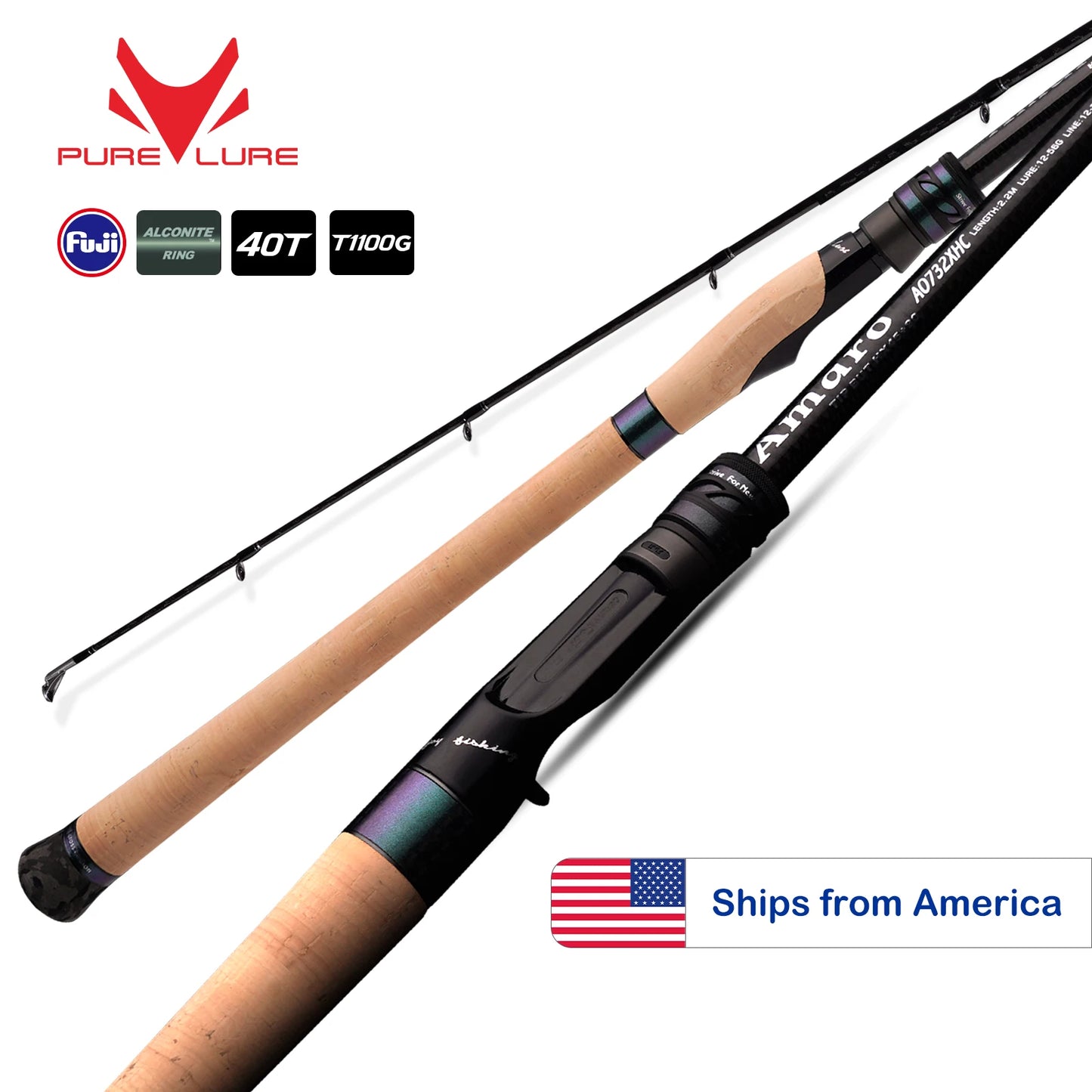 PURELURE Amaro PRO Heavy Duty Travel Fishing Rod 2 Piece Spinning & Casting Big Game Rod 40T T1100G Carbon Fiber Blank FUJI Alconite Guides One-piece Extended Cork Handle
