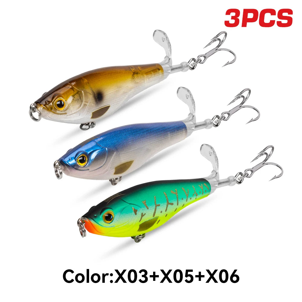 Kingdom 3PCS Topwater Lure Set 90mm/11g & 110mm/17g Artificial Popper Whopper Plopper Hard Wobblers for Bass Trout Pike Zander Fishing