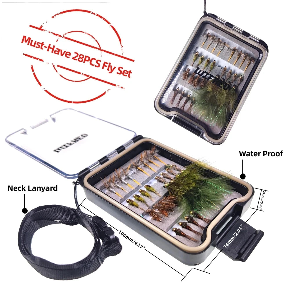 28pcs Flies Kit W/ Waterproof Box Adams Dry Fly Hare's Ear Nymph Elk Hair Caddis' Fly Woolly Bugger Streamer Trout Fishing Lures