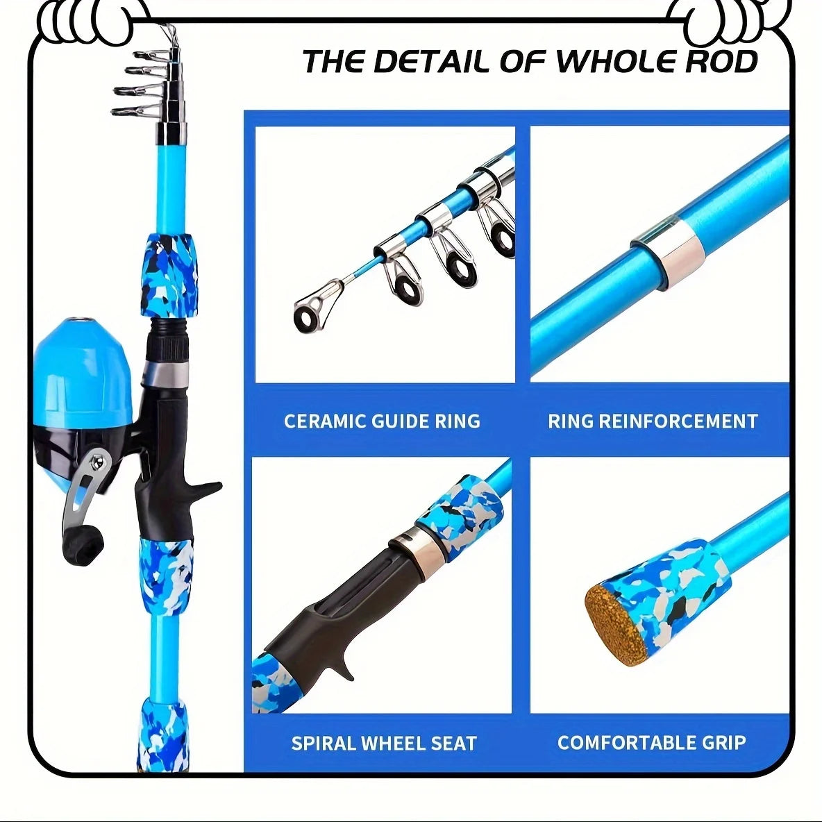 Complete set of children's fishing rod set, including telescopic fishing rod and rotating reel fishing bait hook travel rod set