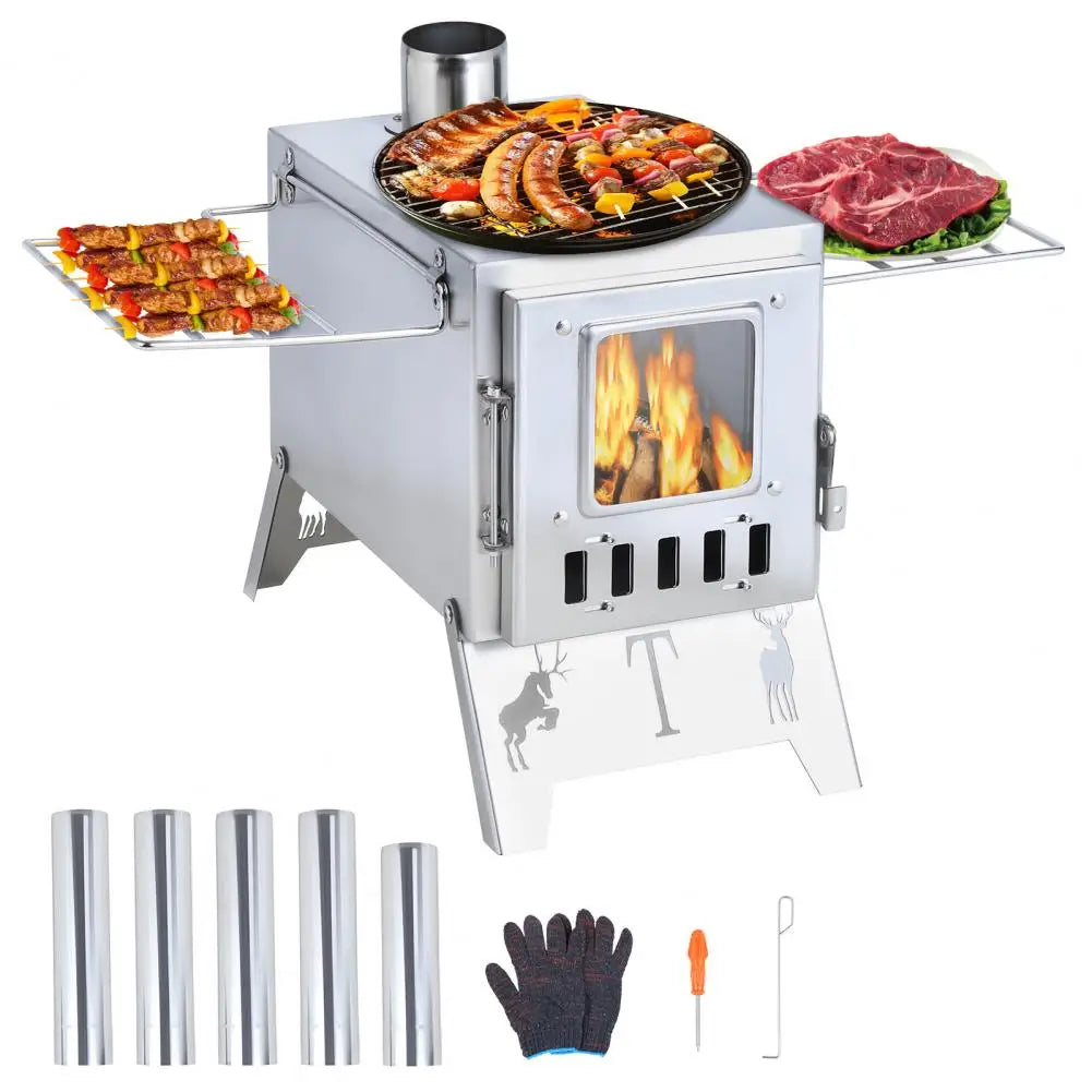 Wood Burning Camping Stove with 5 Pipes Accessories, Heating Cooking Hot Tent Steel Stove for Outdoor, Hunting, Ice Fishing