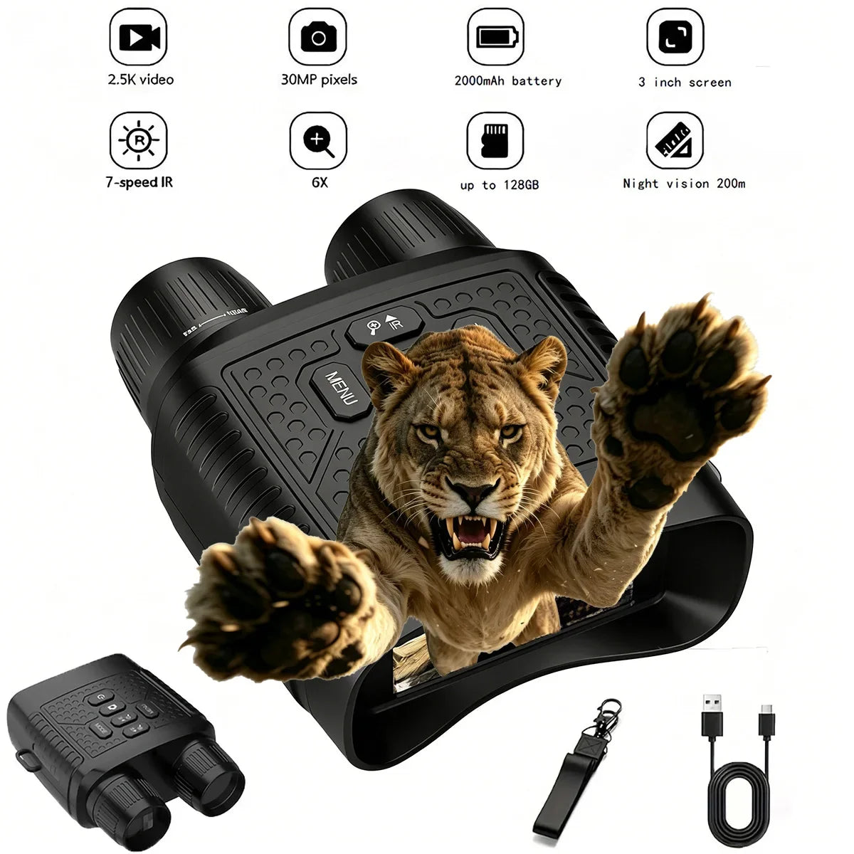 2.5K Digital Night Vision Binoculars 3" Large Screen 6X Digital Zoom Infrared Night Vision Goggles 800M Full Dark View Support Photo Video Recording Rechargeable Telescope for Hunting Camping Wildlife Observation Security Sur