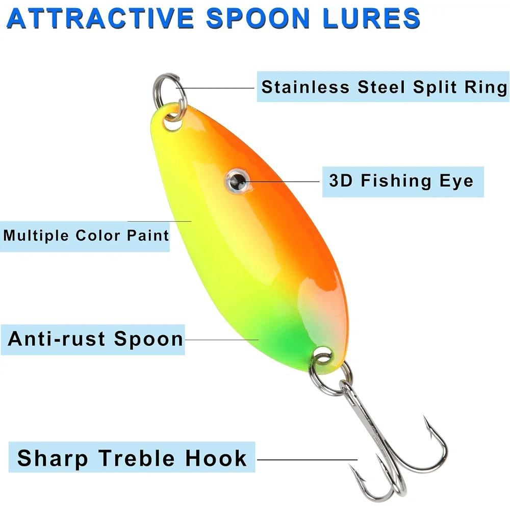 30pcs/Kit Colorful Metal Spoons Fishing Lures Baits Tackle Kit with Treble Hooks Fishing for Trout Salmon Bass Walleye Saltwater Freshwater
