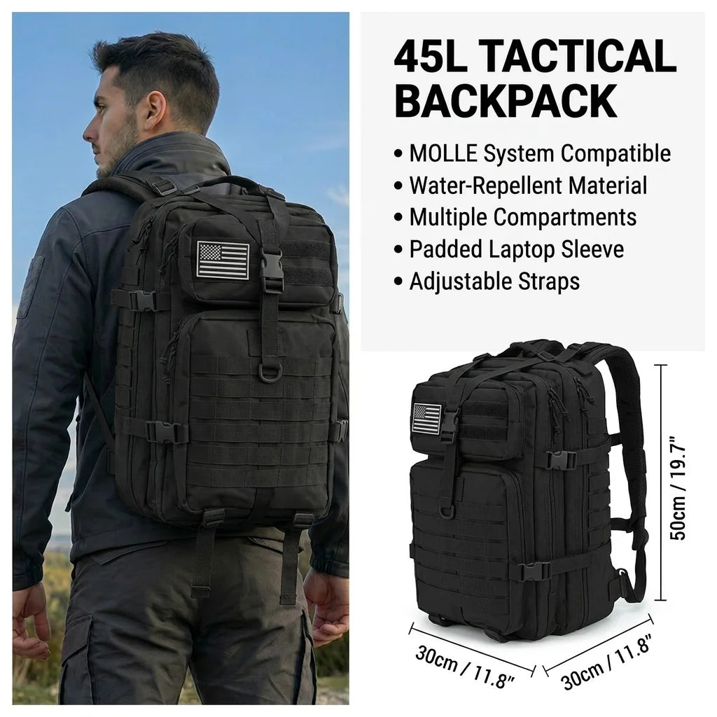 45L Tactical Hunting Backpack Molle Camo Water Resistant Outdoor Field Bag Camping Hiking Trekking Bushcraft Survival Bug Out Bag Large Capacity Rucksack Daypack Men Women Hunters Durable Wear Resistant Heavy Duty Multi Pocke