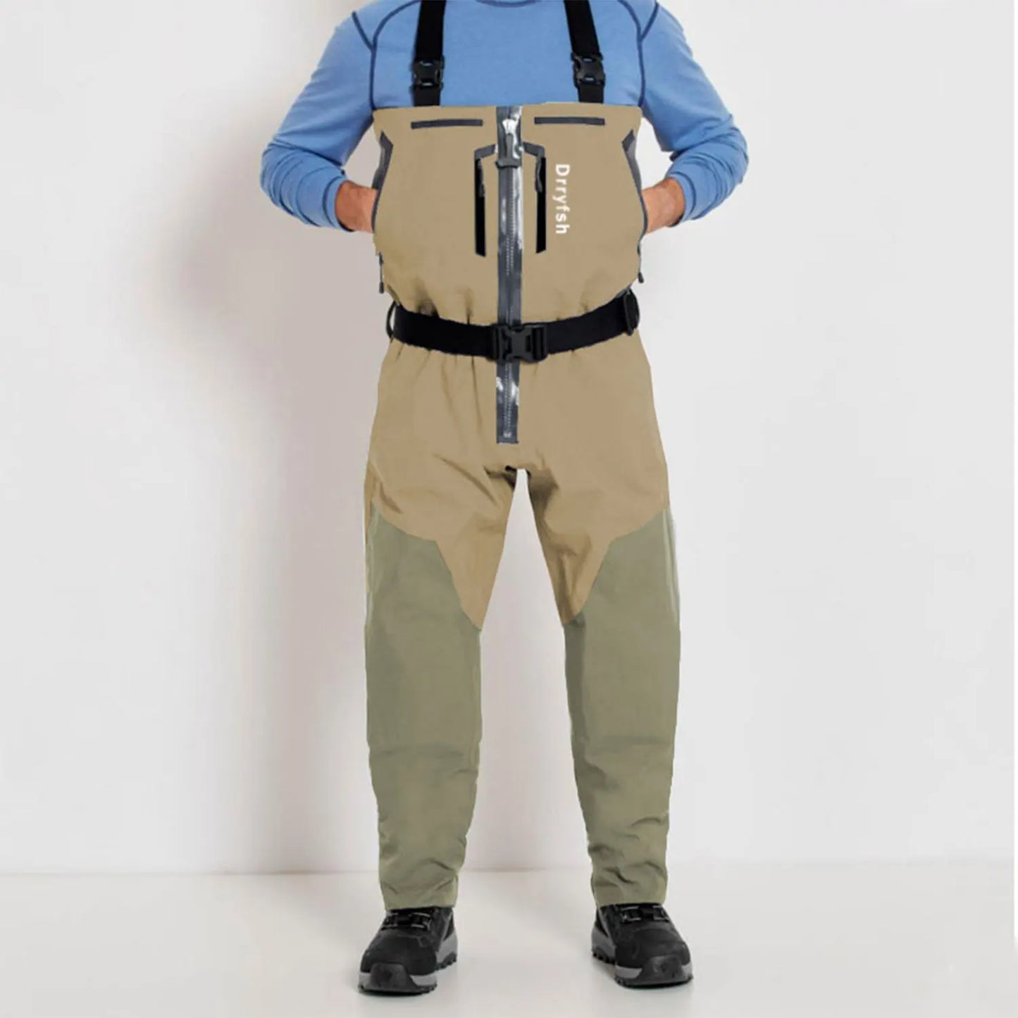 Dryfish Men Front Zipper Chest Waders Waterproof Breathable Stockingfoot Fishing Wader with Multi Pockets Adjustable Waist Belt for Fly Fishing Hunting Outdoor Stream Wading