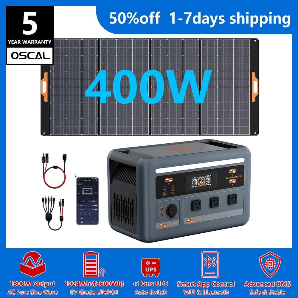 OSCAL PowerMax 1800se 1800W Portable Power Station 1024Wh LiFePO4 Continuous 3600W Surge 1H Fast Charge UPS Solar Generator APP Control for Home Hurricane Camping RV