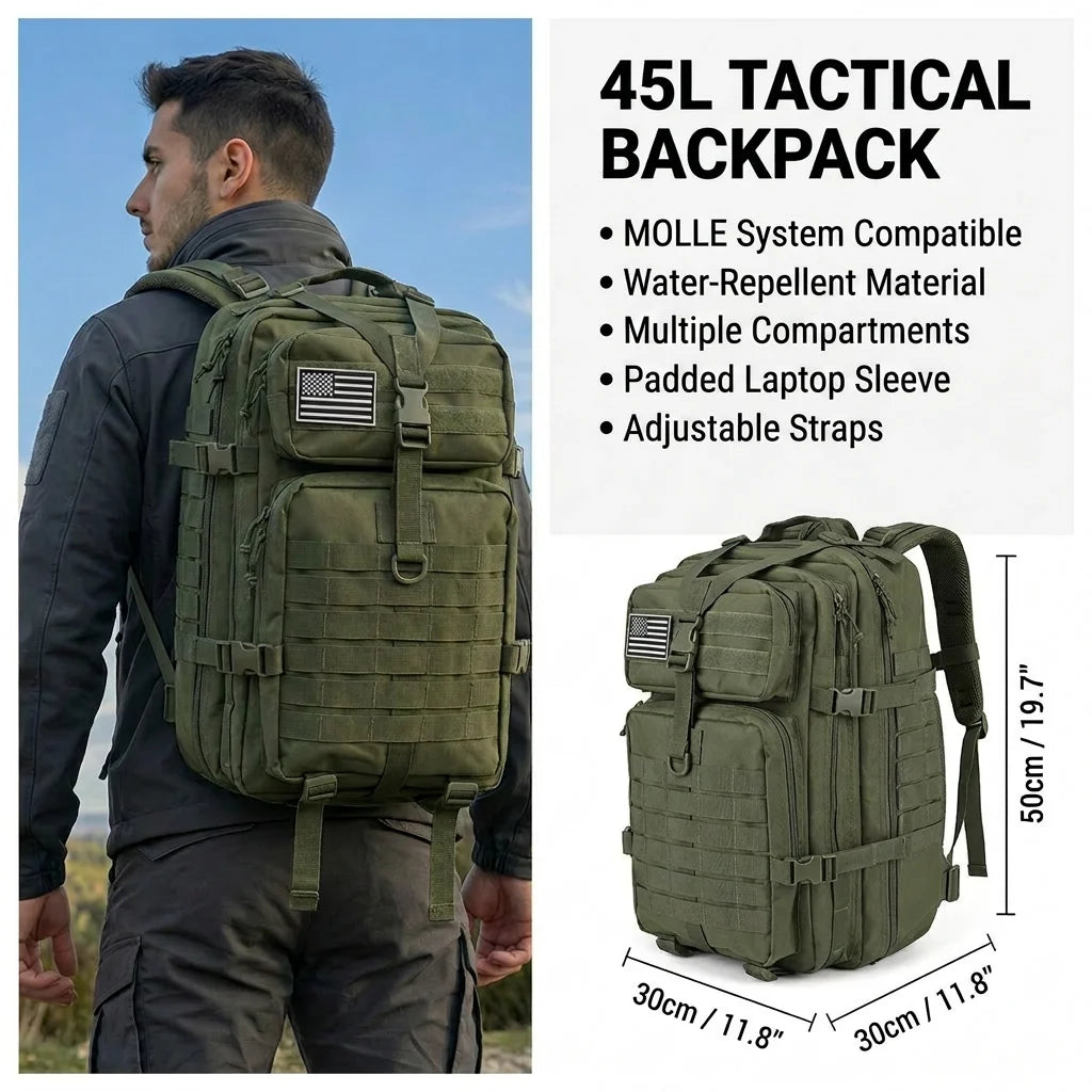 45L Tactical Hunting Backpack Molle Camo Water Resistant Outdoor Field Bag Camping Hiking Trekking Bushcraft Survival Bug Out Bag Large Capacity Rucksack Daypack Men Women Hunters Durable Wear Resistant Heavy Duty Multi Pocke